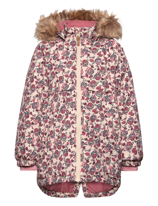 Minymo Winterjacke mit Blumenmotiv und Kunstfell-Detail